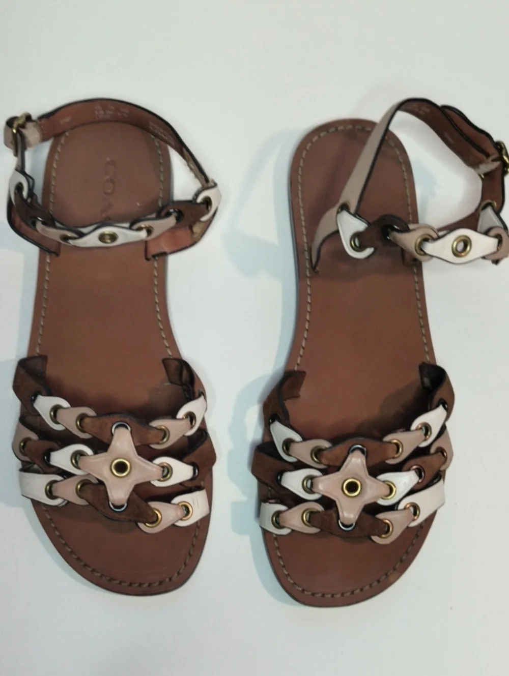 Coach G2087 Link Detail Leather Flat Sandals Brown White Beige Multi Size 9.5B